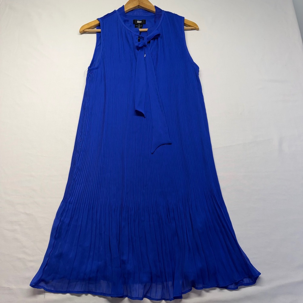DKNY Pleated Chiffon Shift Dress Blue Tie Neck Sleeveless NWT Size 12 Cocktail